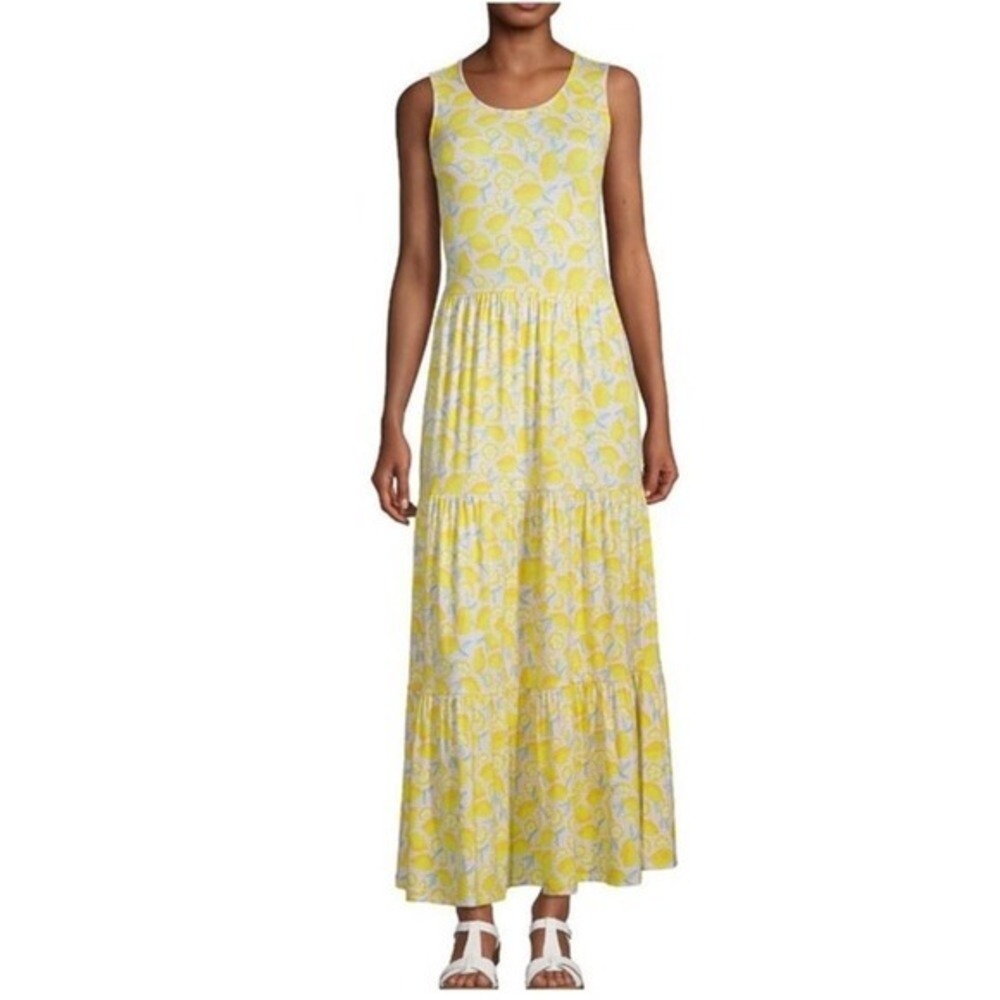 Lands' End Yellow Lemon Print Maxi Dress Cottagecore Coastal Summer Sundress S